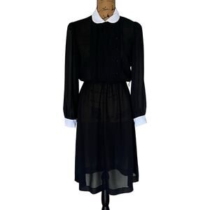 VTG 70s 80s Black White Sheer Long Sleeve A-Line Midi Blouson Dress Women’s S